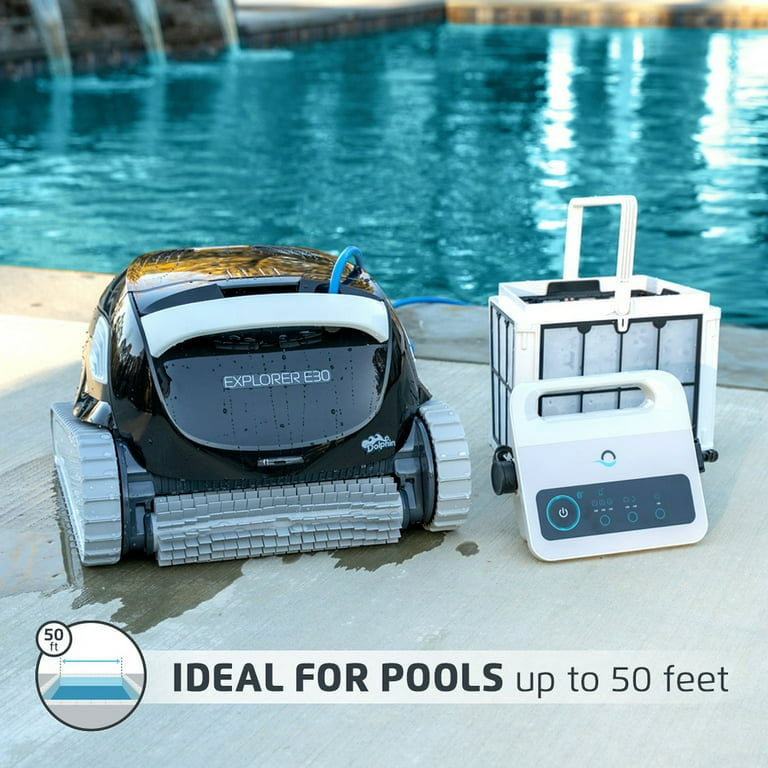 Dolphin Explorer E30 Robotic Cleaner for In Ground Pools up to 50 Feet  Swivel Cord Active Scrubbing Easy Access Top Load Filter with Ultra Fine  Panels 