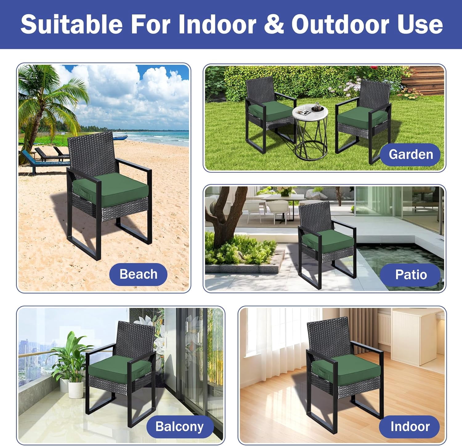 Outdoor Patio Chair Cushions Set of 4, 19" x 19" x 3", Waterproof, with Handles and Ties, Forest Green