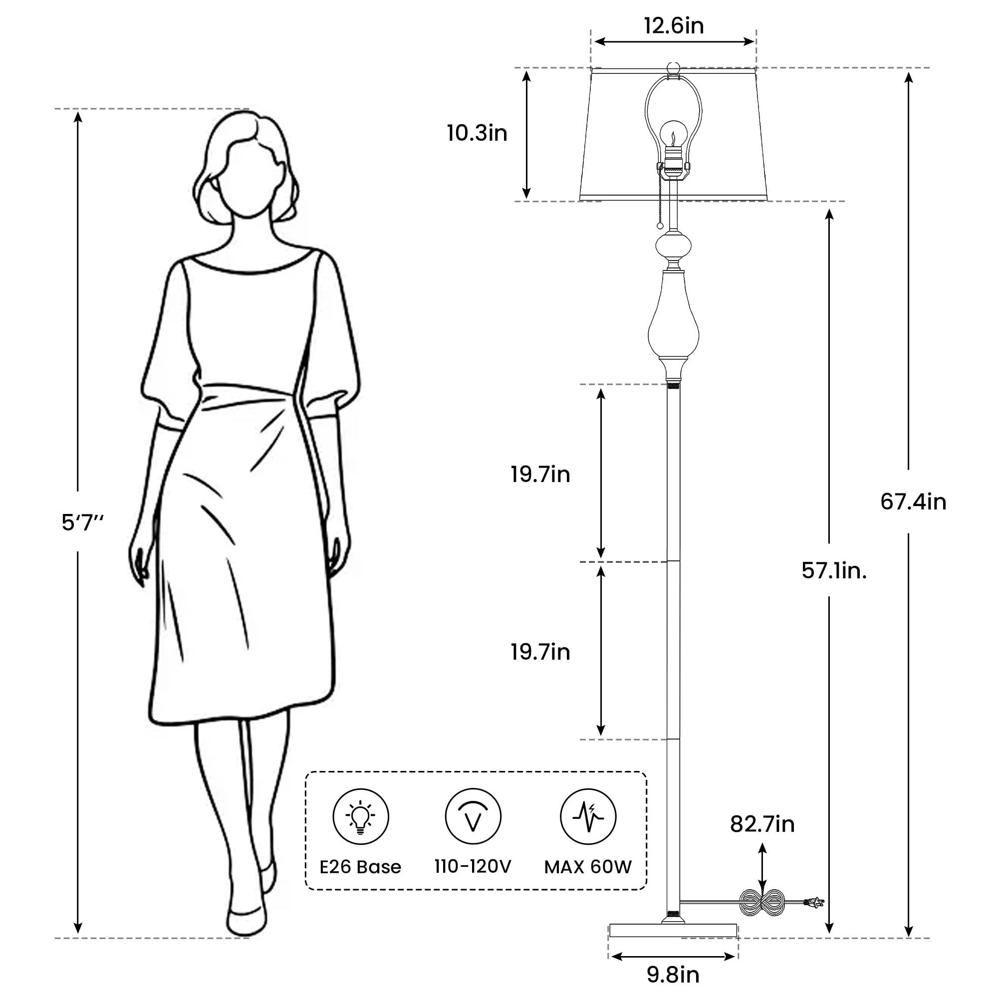 KAISITE 67.4'' Height Modern Floor Lamp, Fabric Shade Lighting For Living Room, Bedroom, Ideal for Reading, Pull Chain Included