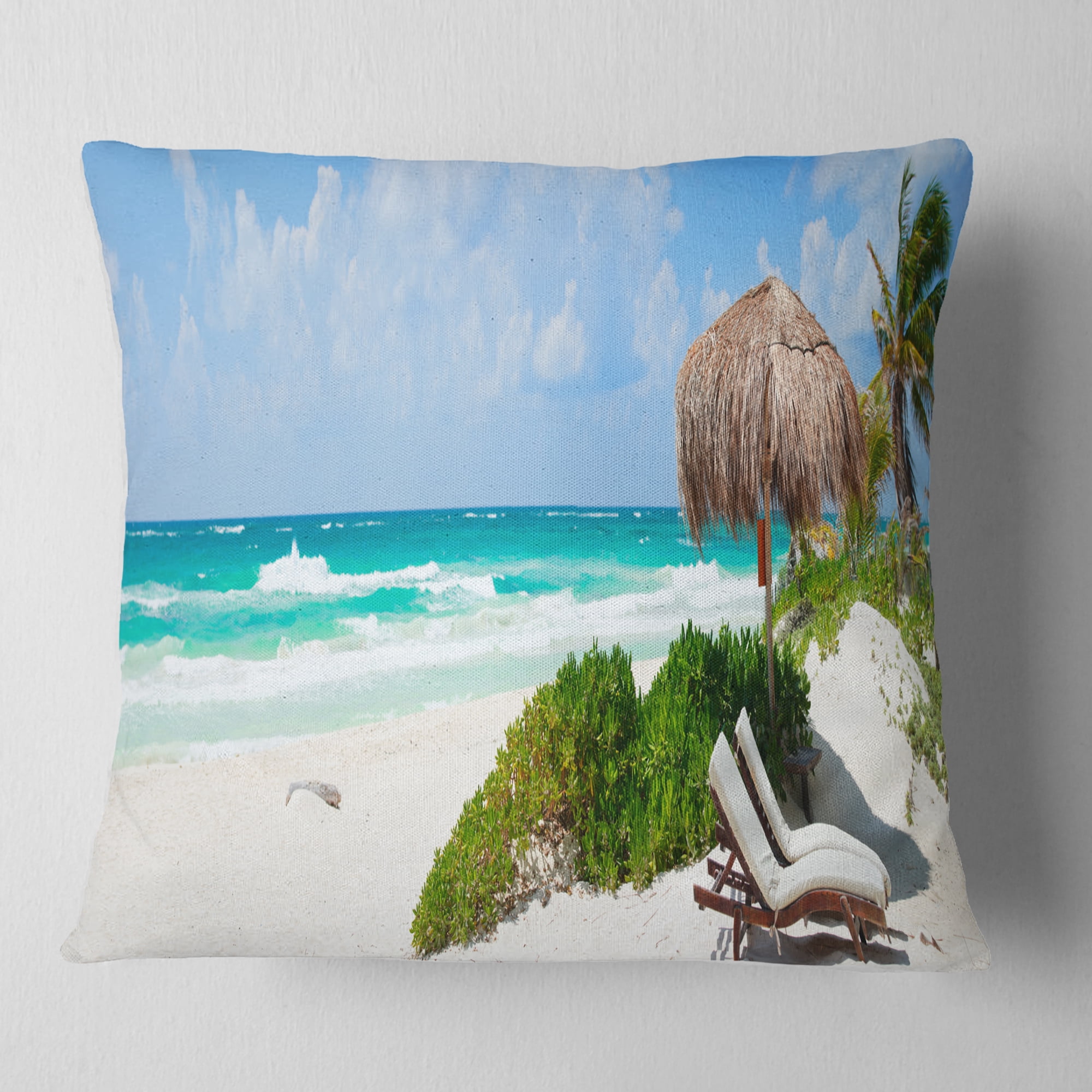 Designart Calm Caribbean Beach Panorama - Photography Landscape Printed Throw Pillow - 18x18