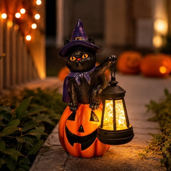 Halloween Black Cat Garden Statue, Solar Powered Cat Figurine Sitting On Pumpkin with LED Lantern, Seasonal Outside Ornament for Porch Patio Yard Lawn