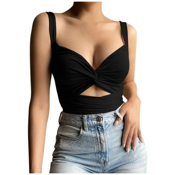 MESSUEN Camisole Tops for Women Halter Going Out Tops V-neck Crop Summer Deep V Neck Vest Kink Elastic Lace Up Sleeveless Halter Top Basic Top for Women Blouses for Women Dressy Black L