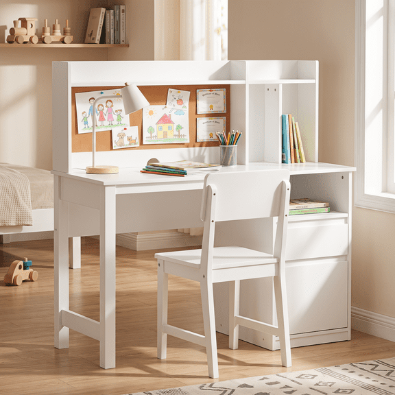 PAWON Kids Desk and Chair Sets, Wooden Study Desk and Chair Set with Hutch, Corkboard and Drawers, Children Wooden Study Table, Student Writing Table