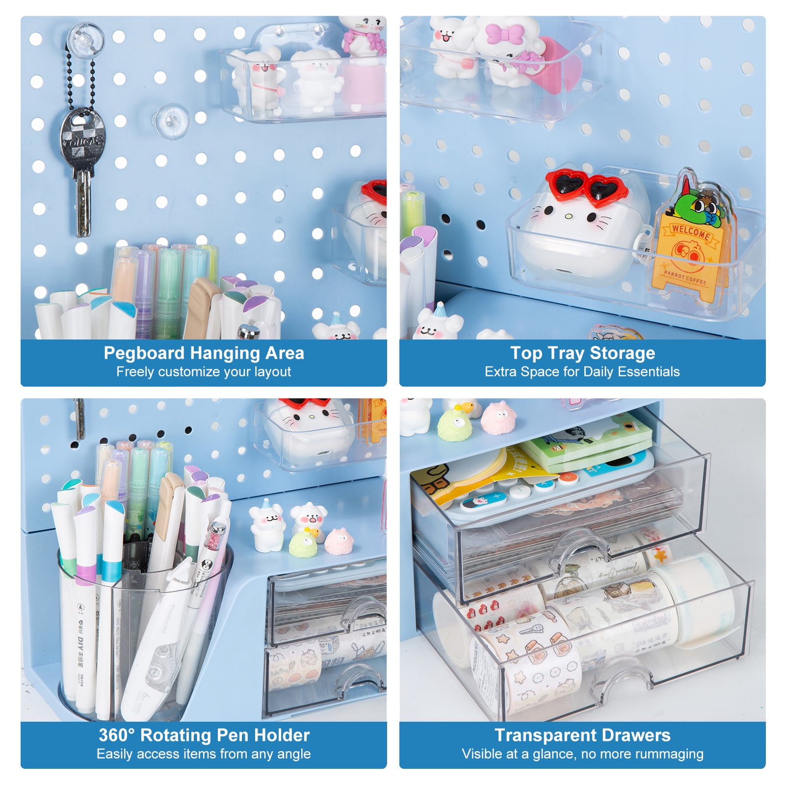 Vivin Desk Organizer, Small 2 Drawer Unit and Pen Holders, Multi-Purpose Pegboard organizer For Home Office, Blue