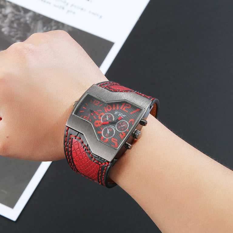 HES Men Quartz Watch Waterproof Big Dial Multiple Time Zone Digital Display Dual Movement Precise Timing Faux Leather Strap Male Outdoor Sports Quartz