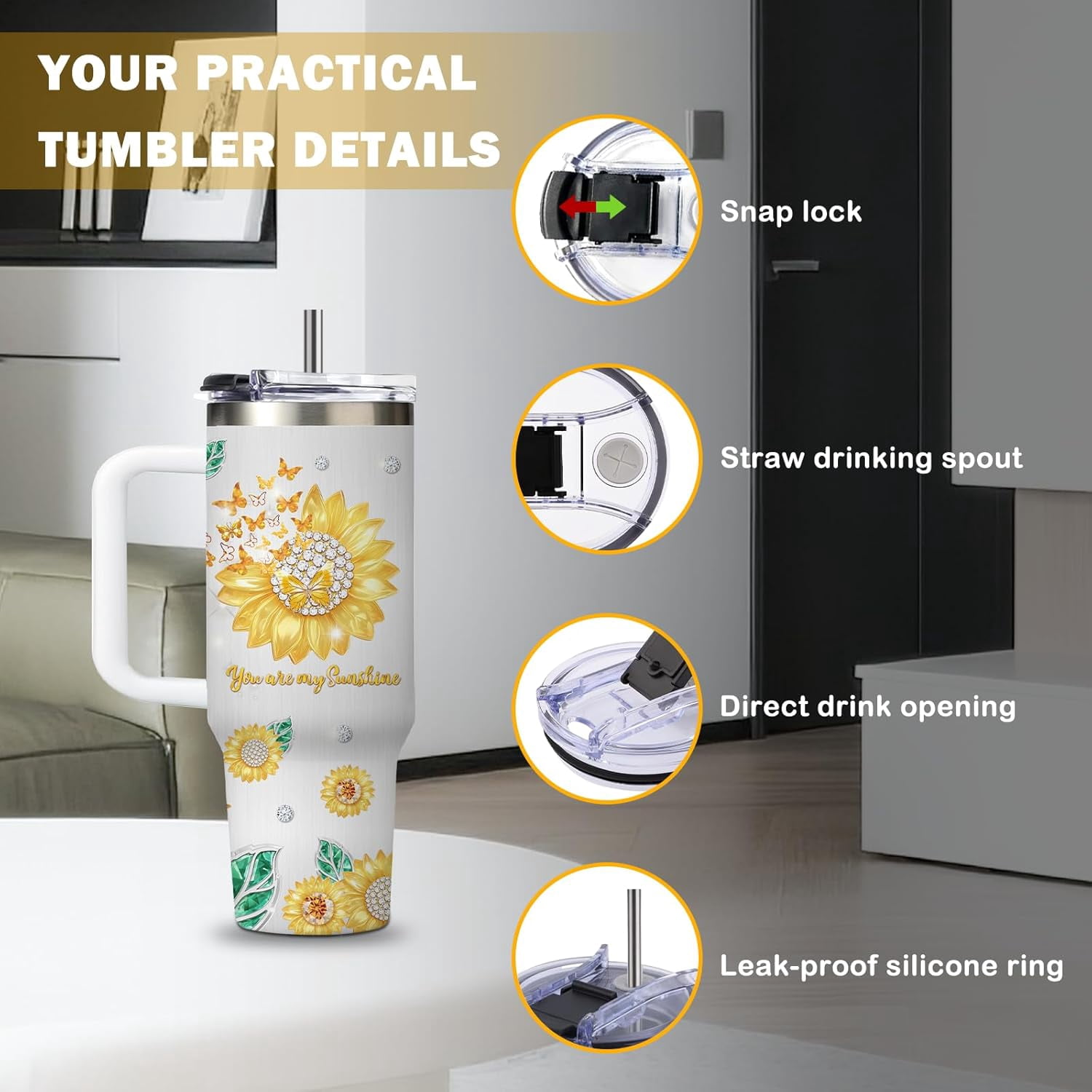 Sunflower Gifts for Daughter - 30oz Daughter Tumbler with Handle and Straws Stainless Steel Insulated Travel Water Cups, Leak-Proof Yellow Sunflower Themed Cups for Daughters Birthday Christmas Gifts