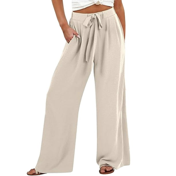 Pantalones anchos para mujer - Cintura ajustable, nudo fluido, corte holgado informal con bolsillos, pantalones de playa de lino para todas las estaciones