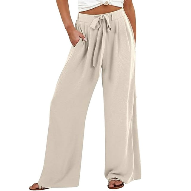 Pantalones anchos para mujer - Cintura ajustable, nudo fluido, corte holgado informal con bolsillos, pantalones de playa de lino para todas las estaciones