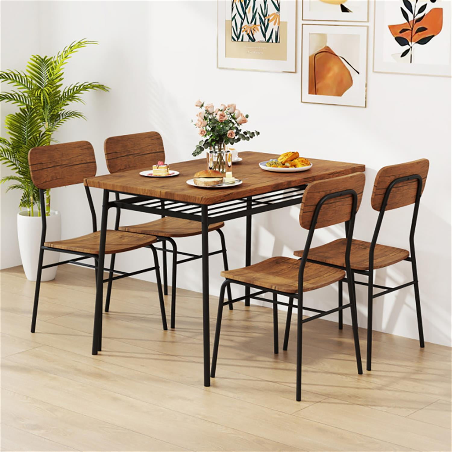 Demi Bonn 5-Piece Dining Table Set with 4 Chairs, 43" Kitchen Table with Metal Frame and Storage Rack, Perfect for Small Space, Brown