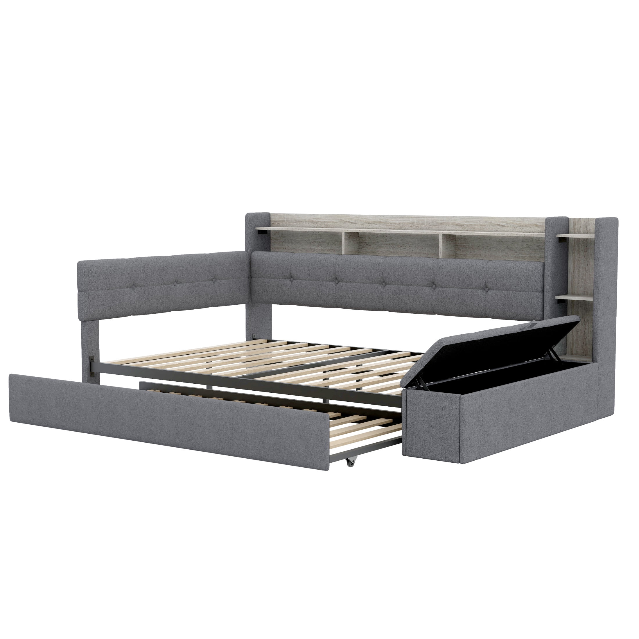 Noble House Brevon Full Size Upholstered Daybed with Trundle, Built-in USB Charging Station and LED Light, Grey