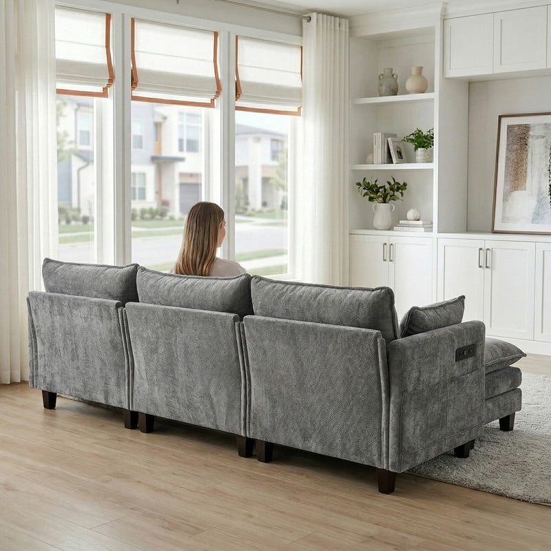Howcool 110"W Modern Chenille Sectional Sofa with Ottoman,L-Shaped Modular Sofa Couch with USB Ports for Living Room,Dark Grey
