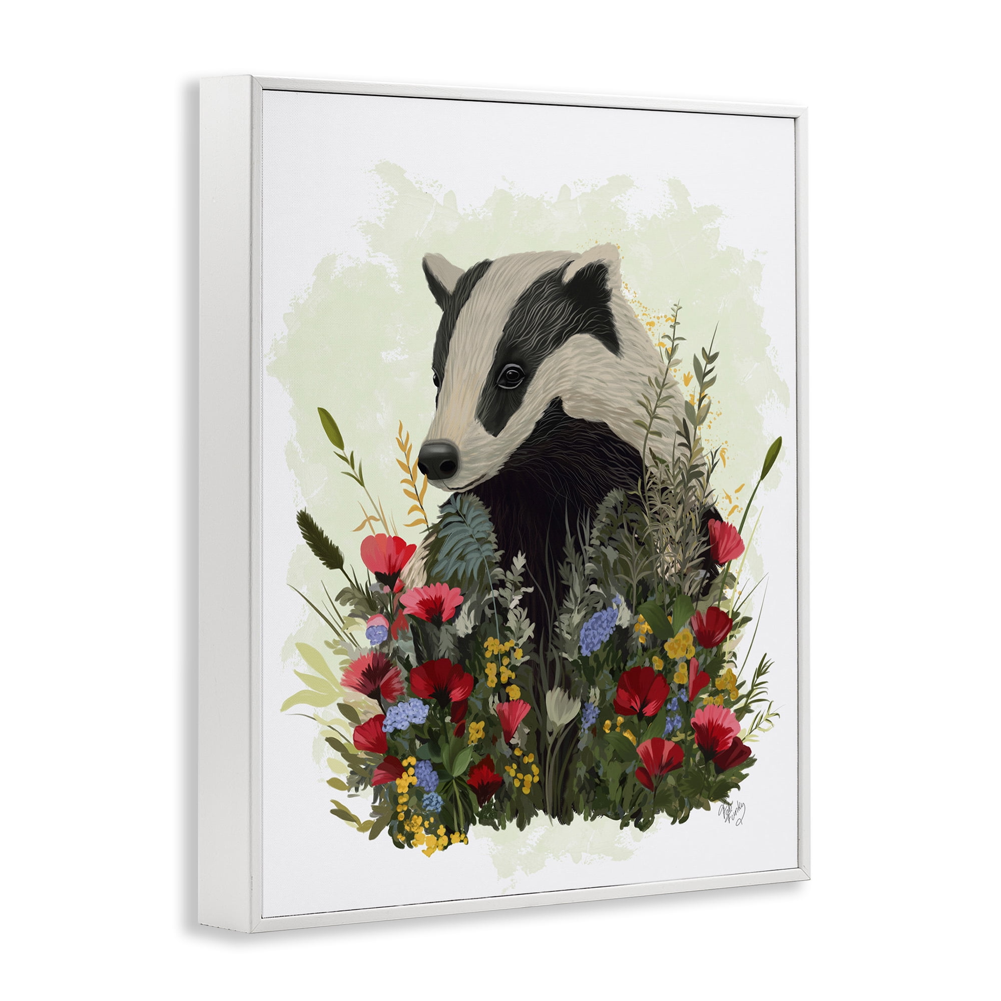Stupell Industries Badger with Poppy Blossoms Animals & Insects Painting White Framed Art Print Wall Art, 16 x 20