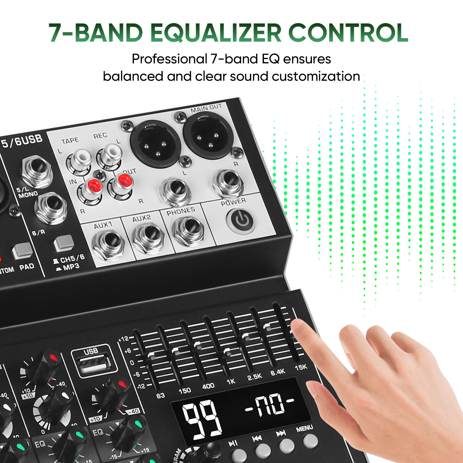 Audio Mixer 6 Channel Sound Mixer Console, Professional Music Mixing Board DJ Mixer w/ 99 DSP, 7-band EQ, USB, Bluetooth, 48V Phantom Power & PAD Function for Recording PA Live Live Streaming