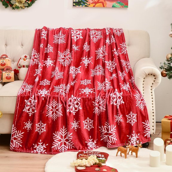 Christmas Flannel Throw Blanket, Red White Snowflake Print Blanket for Sofa Bed Decor