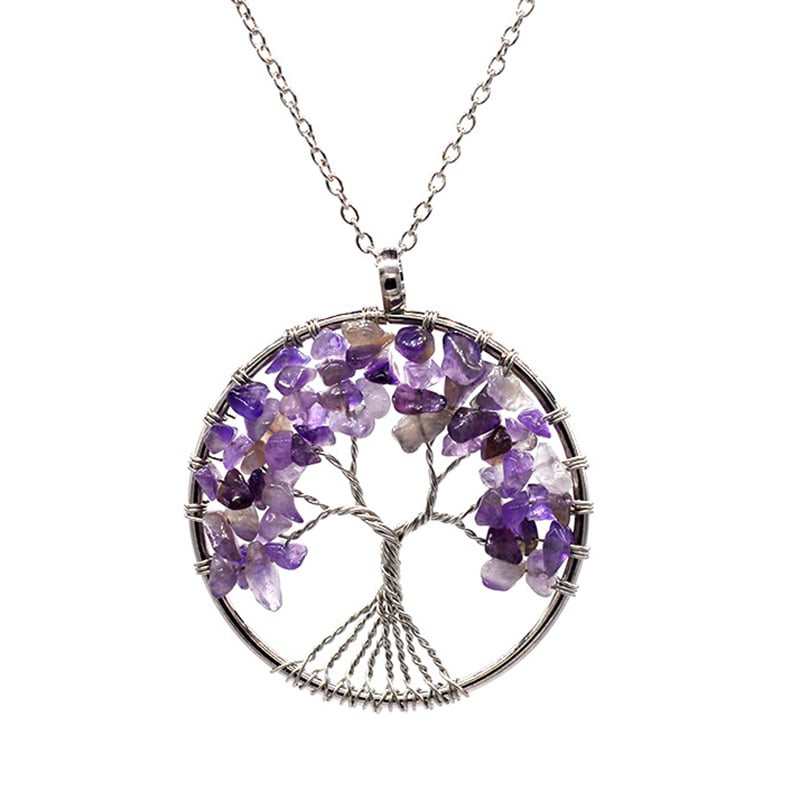 Amulet Crystal Quartz Tree Life Pendant Necklace 7 Chakra Gemstone Amethyst 