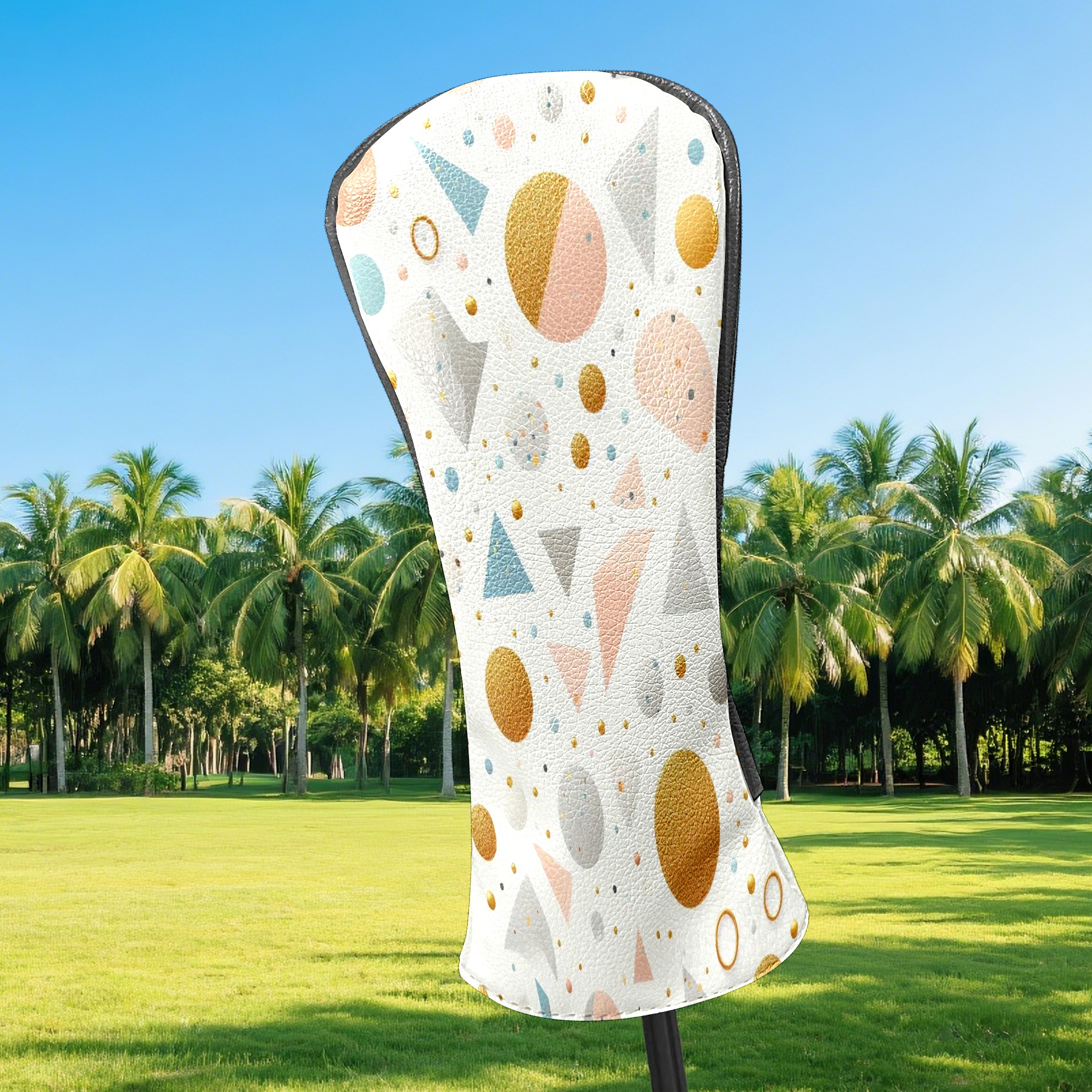Golf Club Covers, White Gold Geometry Premium PU Leather Driver Hybrid Putter Head Covers with Velvet Lining, Waterproof Golf Gifts for Men Women
