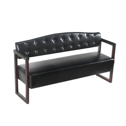 57.83" Waiting Room Bench, Mid-Century Modern Reception Sofa with Tufted Backrest and Nailhead Trim, Black PU Leather Commercial Waiting Bench for Beauty Salon, Spa, Office, Barber Shop, Black