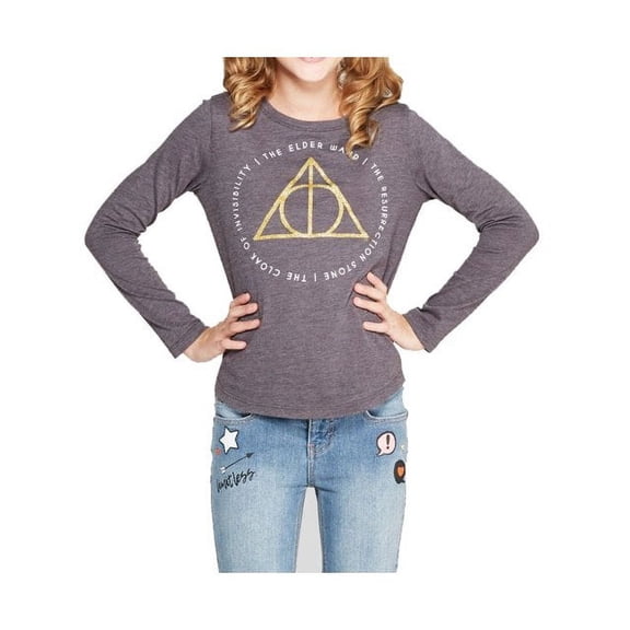 Harry Potter Girls' Deathly Hallows Long Sleeve Graphic T-Shirt - (Charcoal Heather, Small 6/6X)