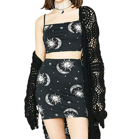 Fancyleo Sexy Women 2 Piece Moon Star Print Bodycon Crop Top Skirt Set Party Mini Dress