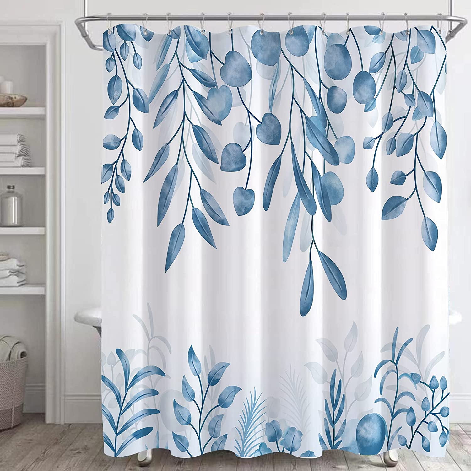 Light Blue Shower Curtain,Watercolor Aqua Eucalyptus Leaves Bathroom