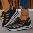 thumbnail image 2 of Women's Wedge Sandals Hollow out Leather Platform Sneakers Closed Toe Lace up Thick Soft Sole Cushioned Athletic Tennis Walking Shoes Black Size 8, 2 of 7