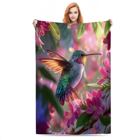 Floral Hummingbird Lightweight Flannel Printed Blanket - Ultra Soft & Warm, All-Season Cozy Plush for Couch, Bed, Office, Camping Nap - Perfect Decorative Gift
