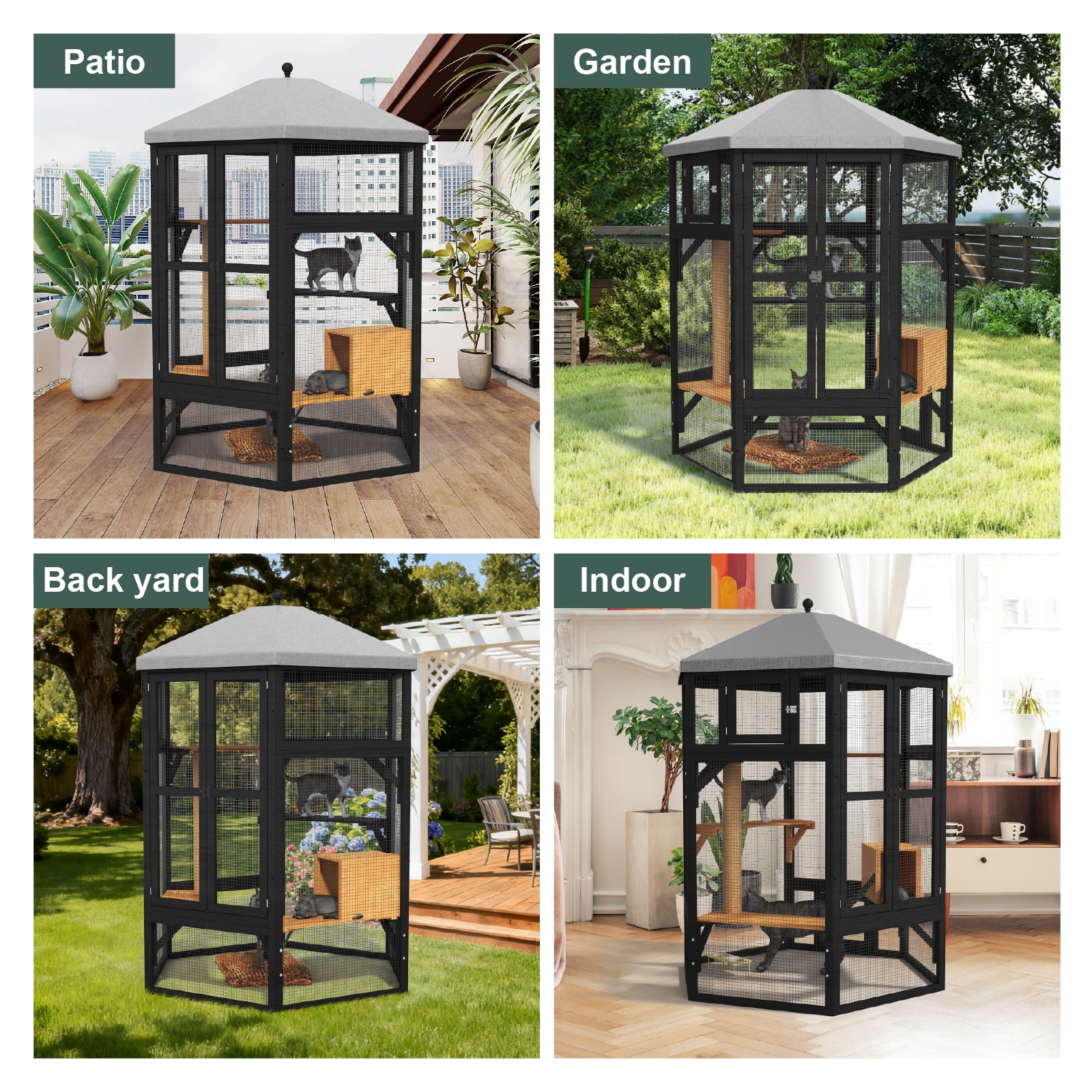 TIMHAKA 65" Catio Outdoor Cat Enclosure, Large Cat House w/ Waterproof Roof, Window Access, Multiple Platforms & Scratching Post for Multi-Cat Use, Black & Yellow