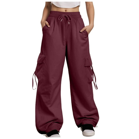 felwors Baggy Cargo Pants Women Casual High Waisted Parachute Pants Drawstring Loose Hip Hop Wide Leg Pant Y2K Wine, XL