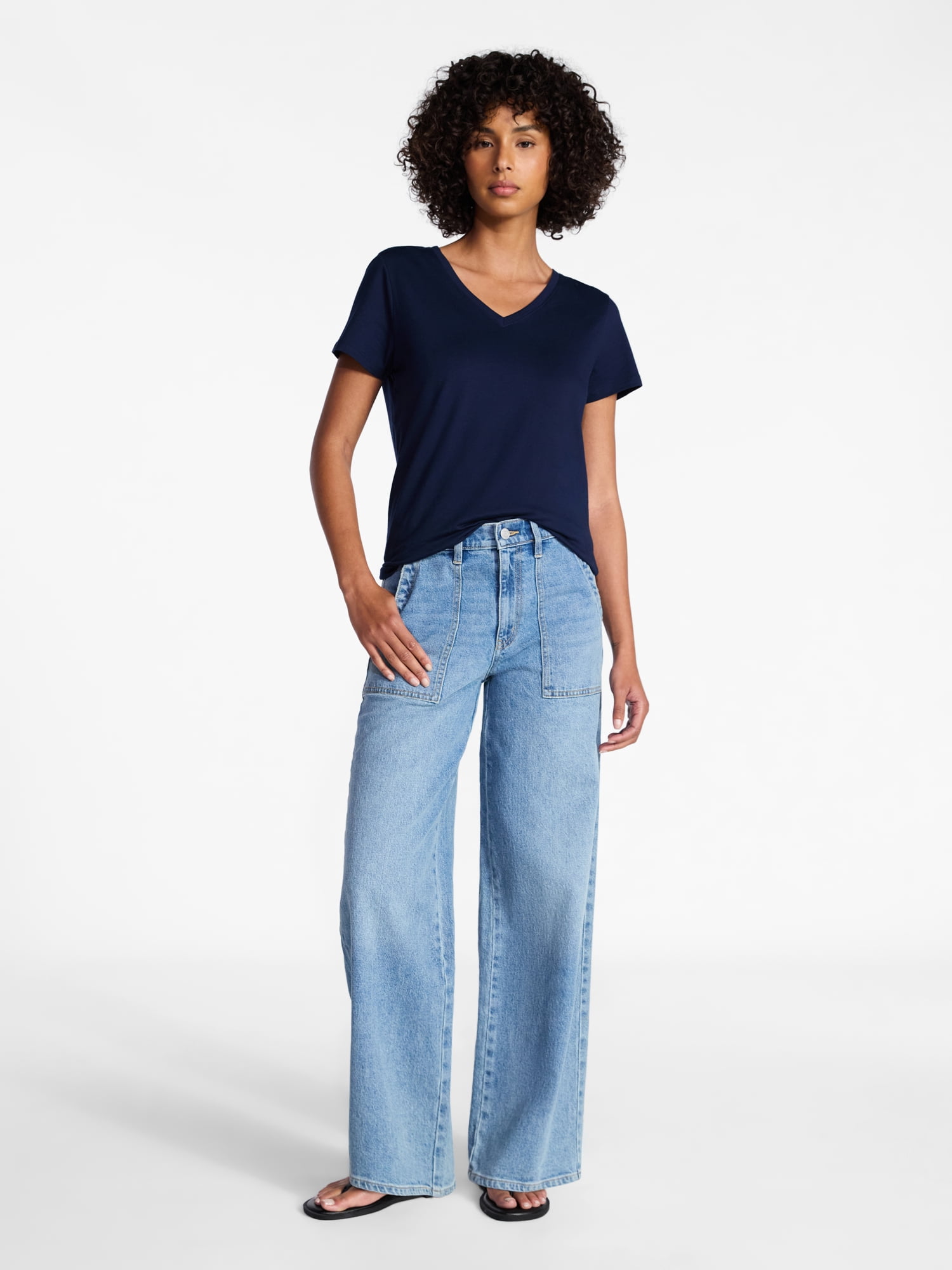 Time and Tru Women's Cotton V-Neck Tee with Short Sleeves, Sizes XS-4X