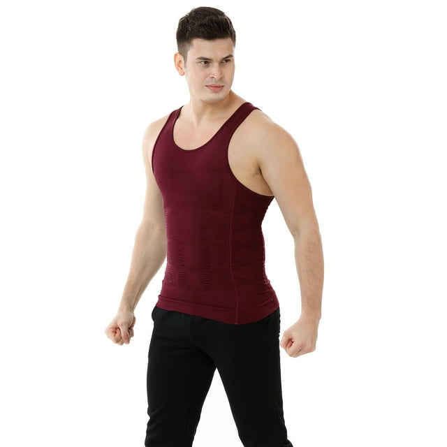 TOPTIE Men's Slimming Body Shaper Compression Shirt, Shapewear Sculpting Vest Muscle Tank-Maroon-XL