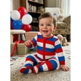 thumbnail image 4 of BemeyourBBs Newborn Baby Girl Boy 4th of July Outfit Footed Romper FootieJumpsuit Infant Baby Patriot Independent Day Clothes American Flag Stripe Print Ruffles Long Sleeve Zipper Romper Headband Set, 4 of 8