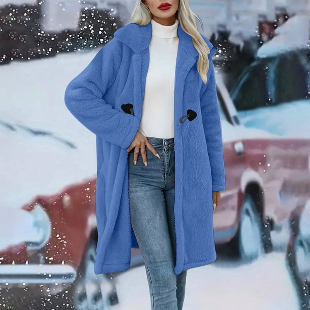 Abrigos y chaquetas vaqueras de manga larga sin capucha para mujer, abrigos de imitación de invierno lisos, chaqueta polar con bolsillos de solapa y manga larga, abrigo informal de moda para mujer