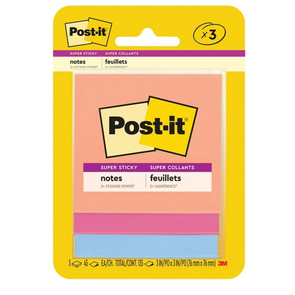 Feuillets super collants Post-it® 3321-SSJOY, collection Joie estivale, 76 mm x 76 mm (3 po x 3 po), 3 blocs/paquet, 45 feuillets/bloc