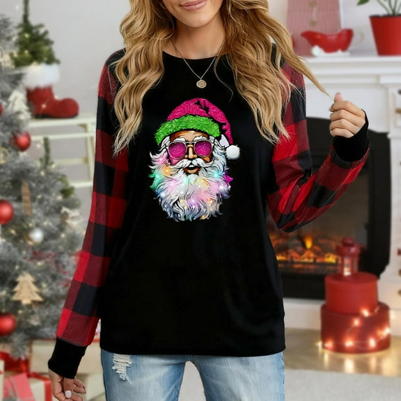 Women's Long Sleeve Christmas Top, Edgy Santa With Neon Glasses & Light-Up Beard Festive Graphic Plaid Raglan Sweatshirt