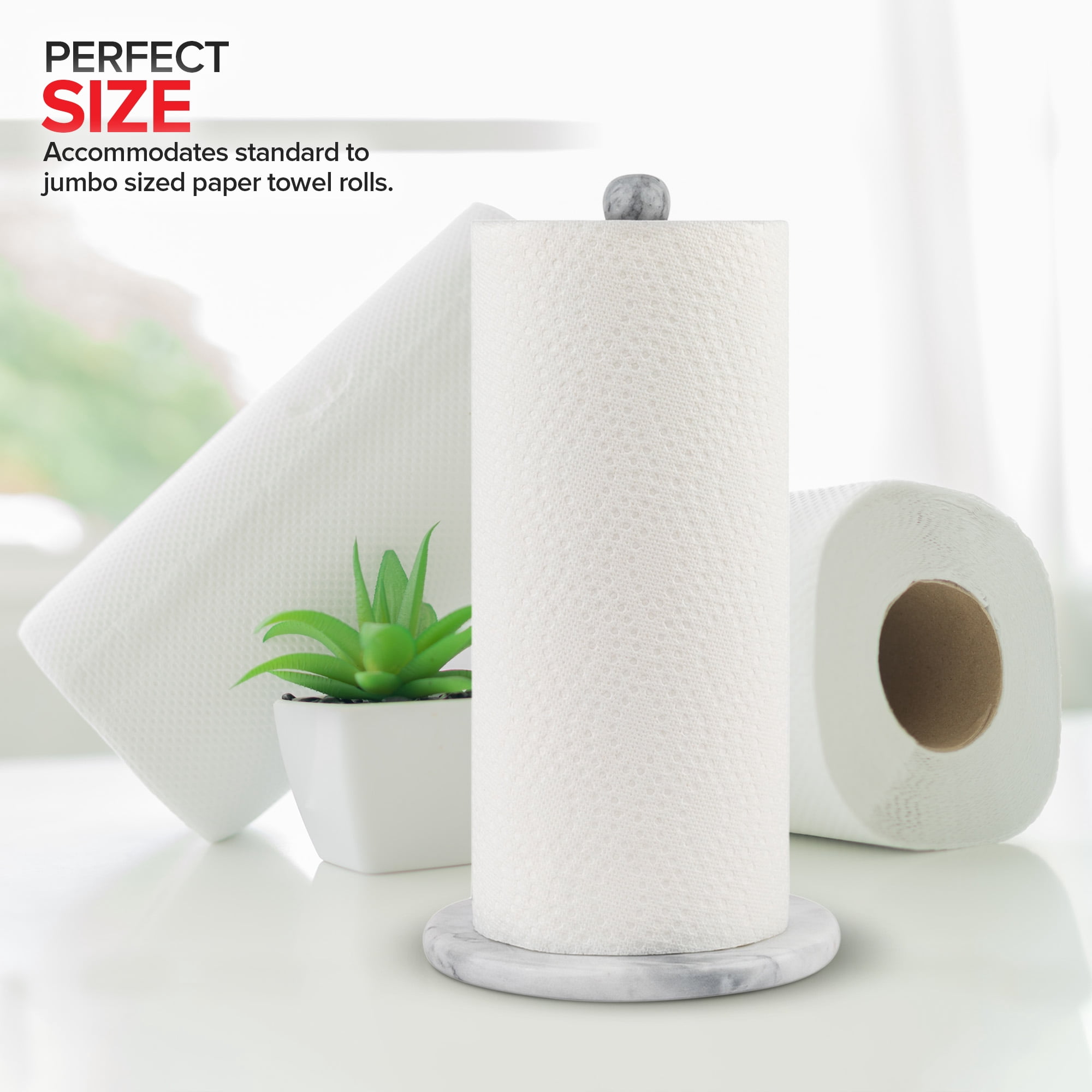 Modern Innovations Marble Paper Towel Holder Countertop Stand in White, for Kitchen and Bathroom, Heavy-Weight, Free-Standing, Fits Standard or Jumbo-Sized Roll