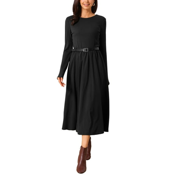 INSPIRE CHIC Women's Casual Midi Dress Crewneck Long Sleeve Flowy Fall Dresses with Belt Dating Work Outfits S Black
