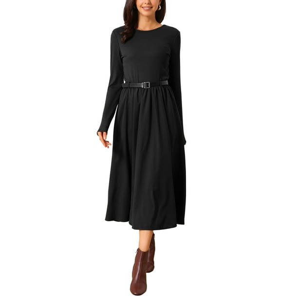 VESTIDO MIDI CASUAL DE MUJER INSPIRE CHIC CON MANGA LARGA Y CINTURÓN, VESTIDOS FLUIDOS DE OTOÑO, L NEGRO