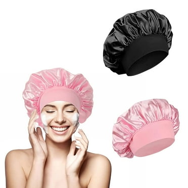 Satin Bonnet 2PCS Silk Bonnet Hair Bonnet for Sleeping Satin Cap Extra Large Reversible for Women Curly Natural Hair Blush Silk Hair Wrap for Sleeping, Soft and Comfortable Silk Sleep Cap (Black Pink)