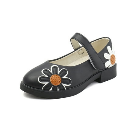 

Daeful Kids Mary Jane Sandals Ankle Strap Dress Shoes Closed Toe Flats Performance Anti-Slip Breathable Patchwork Flower Princess Shoe Black 1Y