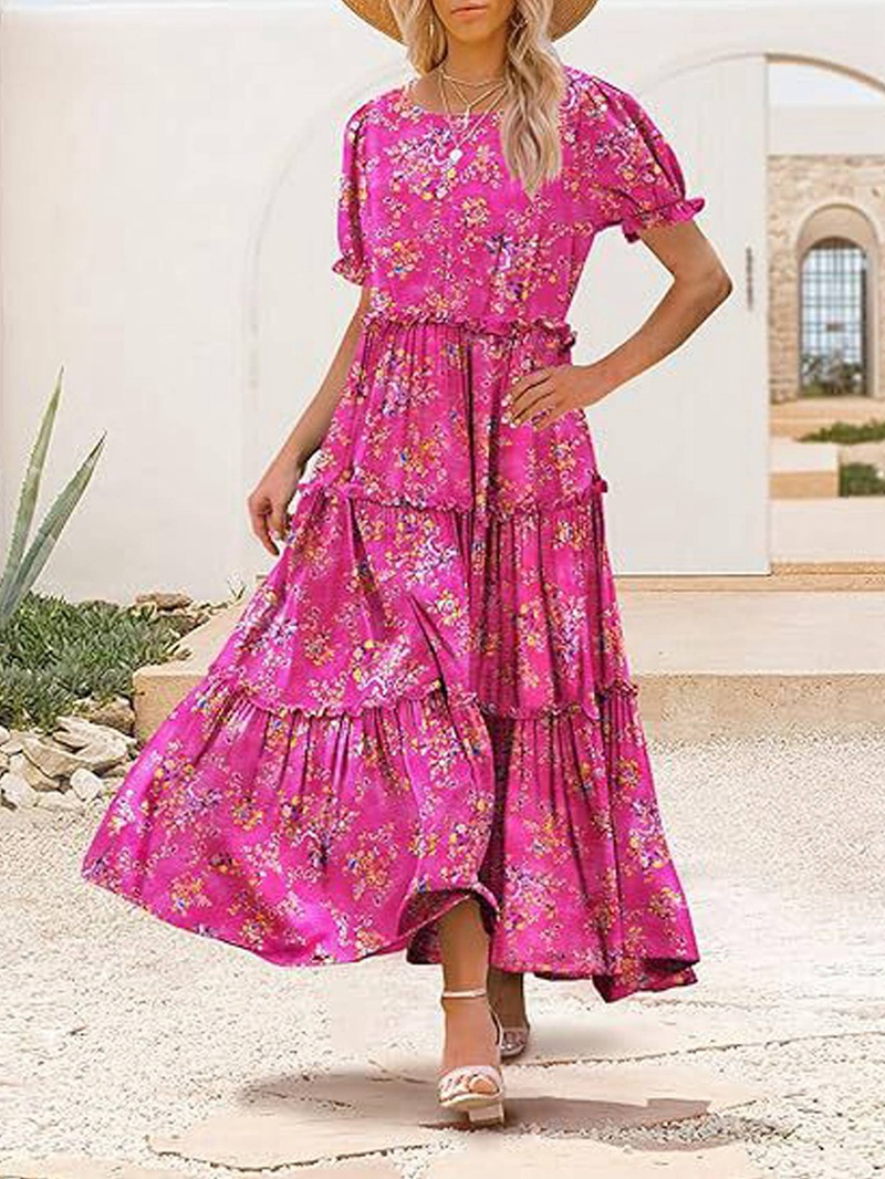 Summer Casual Bohemian Floral Dresses for Women Puff Short Sleeve Long Maxi Dress with Pockets Red S