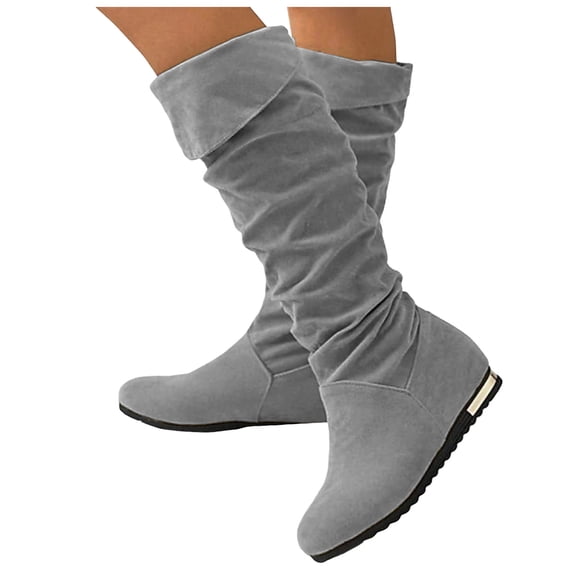 Rokment Women's Winter Fall Slouchy Hidden Wedges Knee High Boots Fashion Suede Fold over Mid Calf Dress Tall Boots