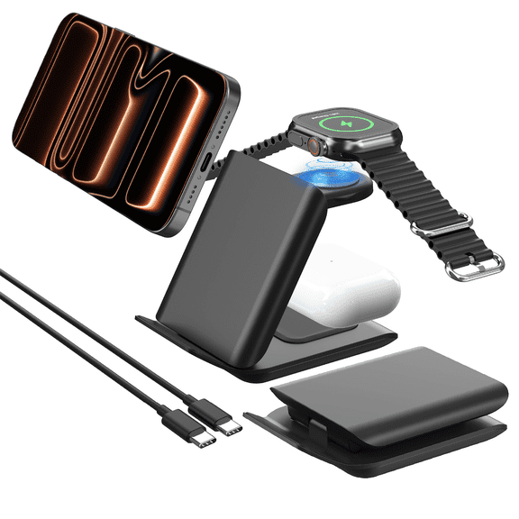 Geyo 3 in 1 Foldable Fast Wireless Charger Station for iPhone 17/16/15/14/13, for AirPods Pro 3/2/3, Watch Ultra/9/8/7