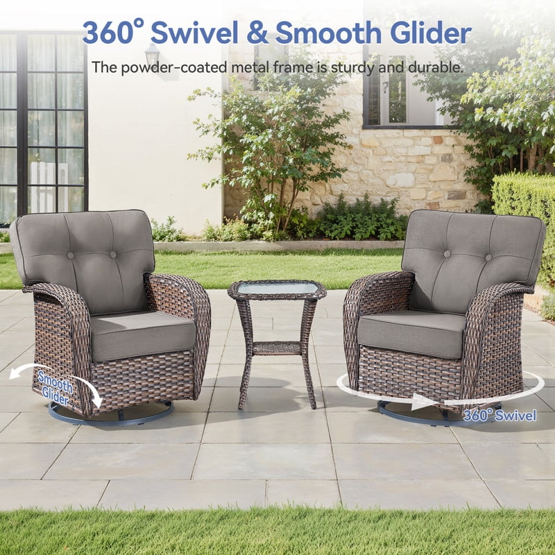 PARKWELL 6 Pieces Patio Furniture Set with Swivel Chairs, Outdoor All-Weather Wicker Conversation Sofa Set with Coffee Table,Ottoman and 5" Thick Cushion for Porch Deck, Brown/Gray