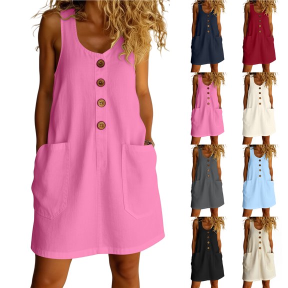 Smsaxvxz Womens Summer Tank Dresses Fashion Round Neck Sleeveless Button Casual Solid Loose Beach Vacation Mini Dress Hot Pink 2XL