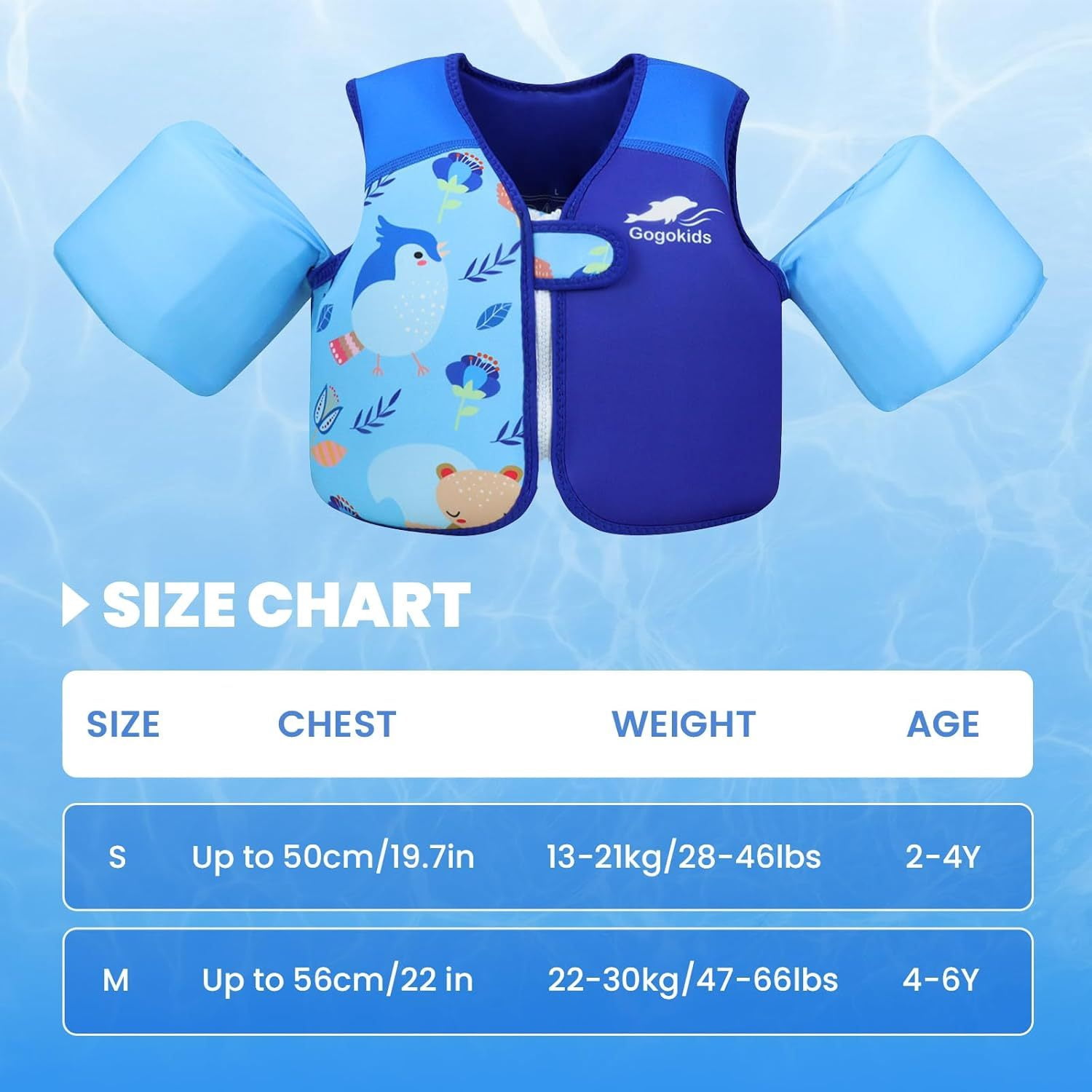 Gogokids Kids Swim Vest with Strong Buoyancy, Toddler Flotation Jackets with Armbands, Child Swimming Aid for 30-50 Pounds Girls and Boys (2-6 Years)