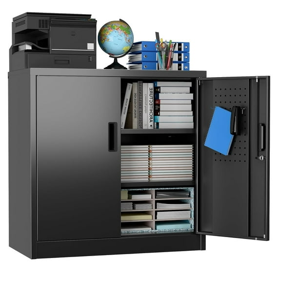 Lockable Steel Cabinet on Caster Wheels with 2 Shelves & Pegboard, Black