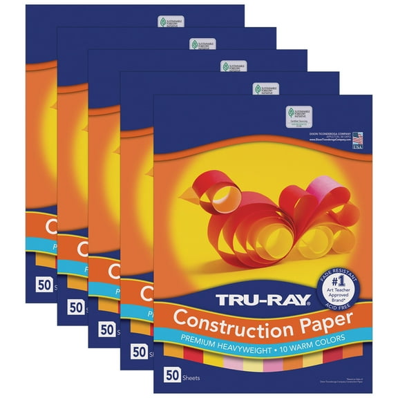 Tru-Ray Construction Paper, Heavyweight, Warm Assorted, 12" x 18", 50 Sheets Per Pack, 5 Packs