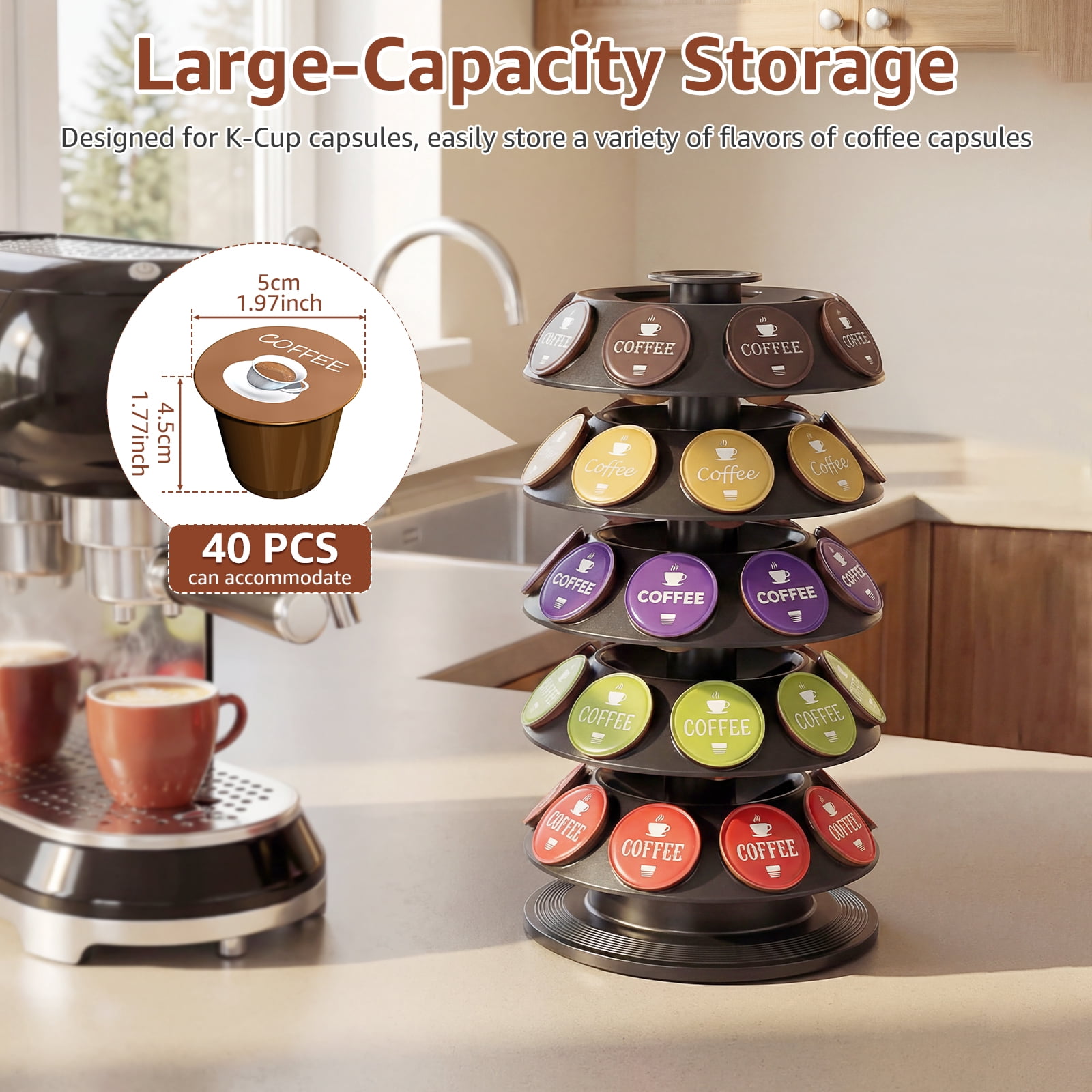 360° Turntable Coffee Pod Holder for 40 Capsule Rotating Organizer Coffee Pod Carousel Organizer Coffee Capsule Holder Coffee Pod Storage for Kitchen Counter Office