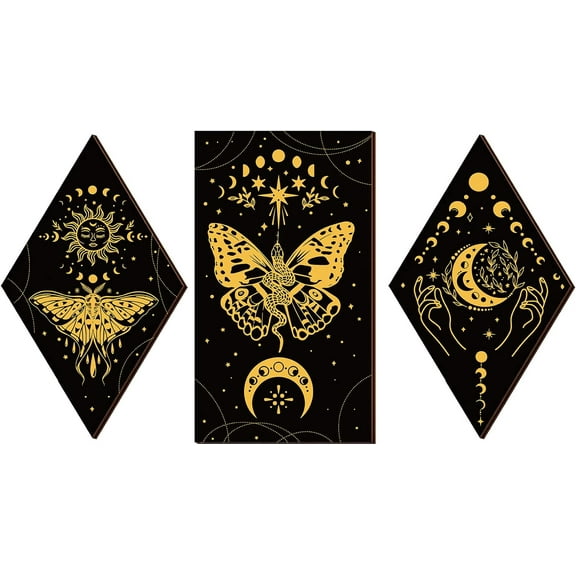 3Pcs Rustic Boho Wall Decor Moon Phases Wall Art Sun and Moon Butterfly Gothic Witchy Wall Pediments Minimalist Wooden Wall Hanging Farmhouse Wall Sign for Home Gold 6.7x11.8Inch for DIY