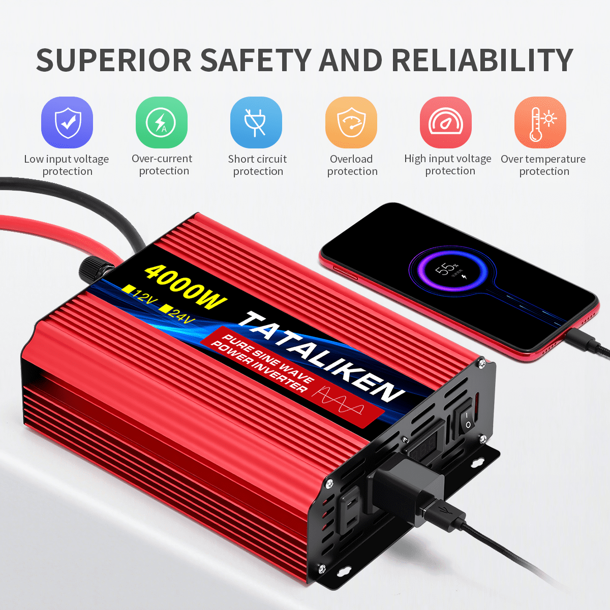 4000W Pure Sine Wave Power Inverter 12V DC to 110V AC,  LED Display Red Aluminum for Car/RV/Home